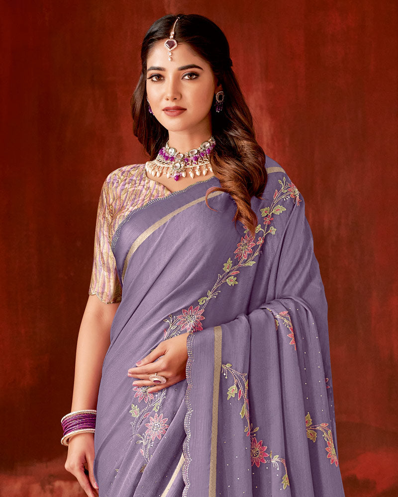 Vishal Prints Pastel Violet Designer Chiffon Saree With Embroidery-Diamond Work And Satin Patta Cut Work Border