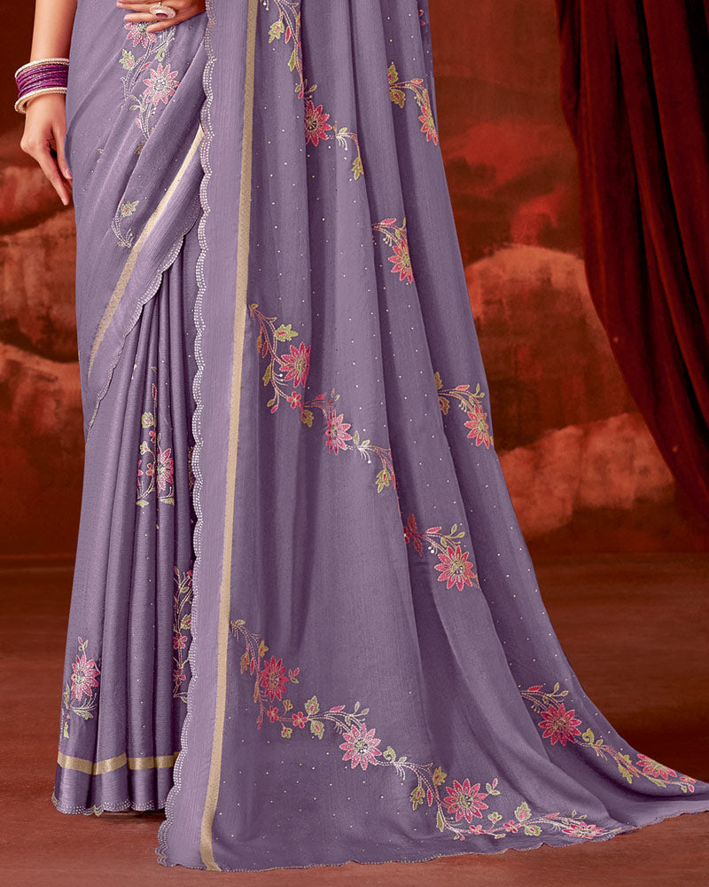 Vishal Prints Pastel Violet Designer Chiffon Saree With Embroidery-Diamond Work And Satin Patta Cut Work Border