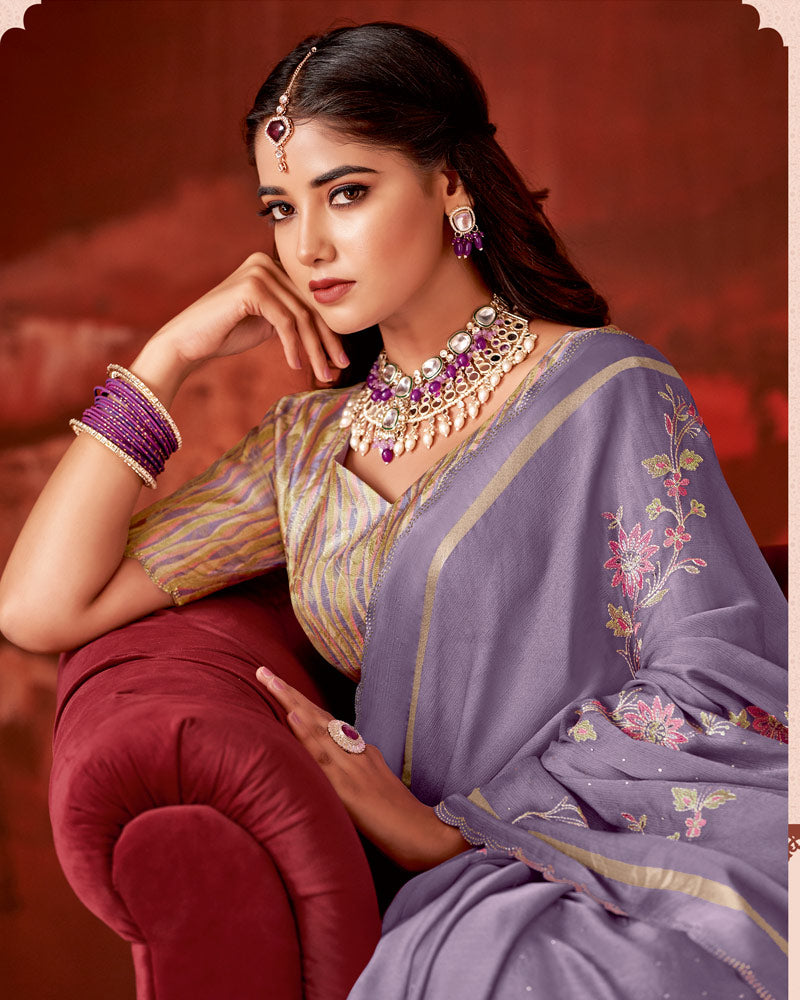 Vishal Prints Pastel Violet Designer Chiffon Saree With Embroidery-Diamond Work And Satin Patta Cut Work Border