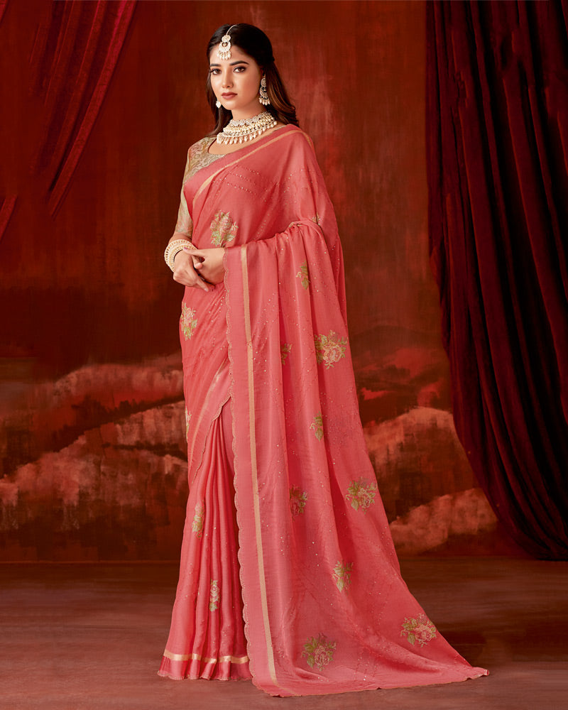 Vishal Prints Reddish Orange Designer Chiffon Saree With Embroidery-Diamond Work And Satin Patta Cut Work Border