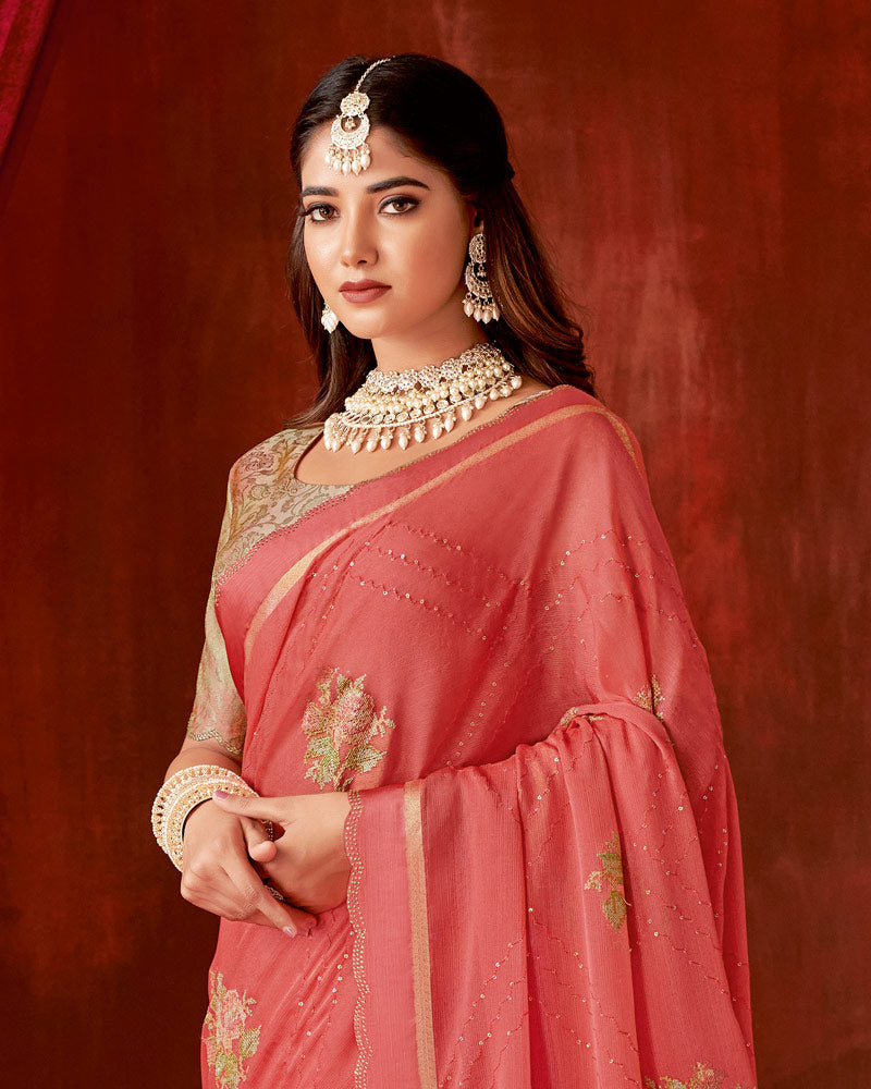 Vishal Prints Reddish Orange Designer Chiffon Saree With Embroidery-Diamond Work And Satin Patta Cut Work Border