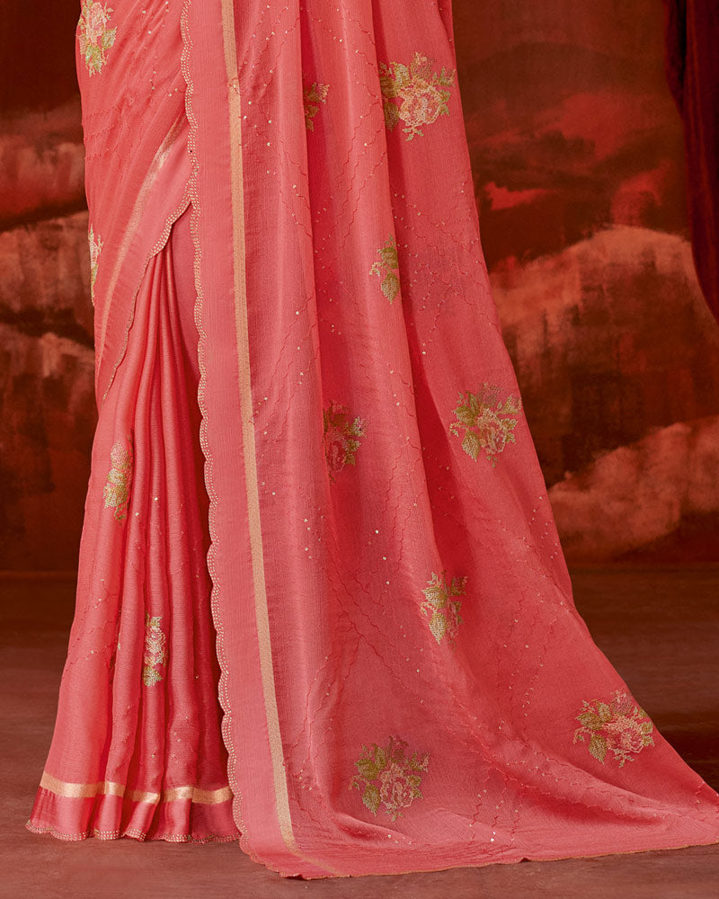 Vishal Prints Reddish Orange Designer Chiffon Saree With Embroidery-Diamond Work And Satin Patta Cut Work Border