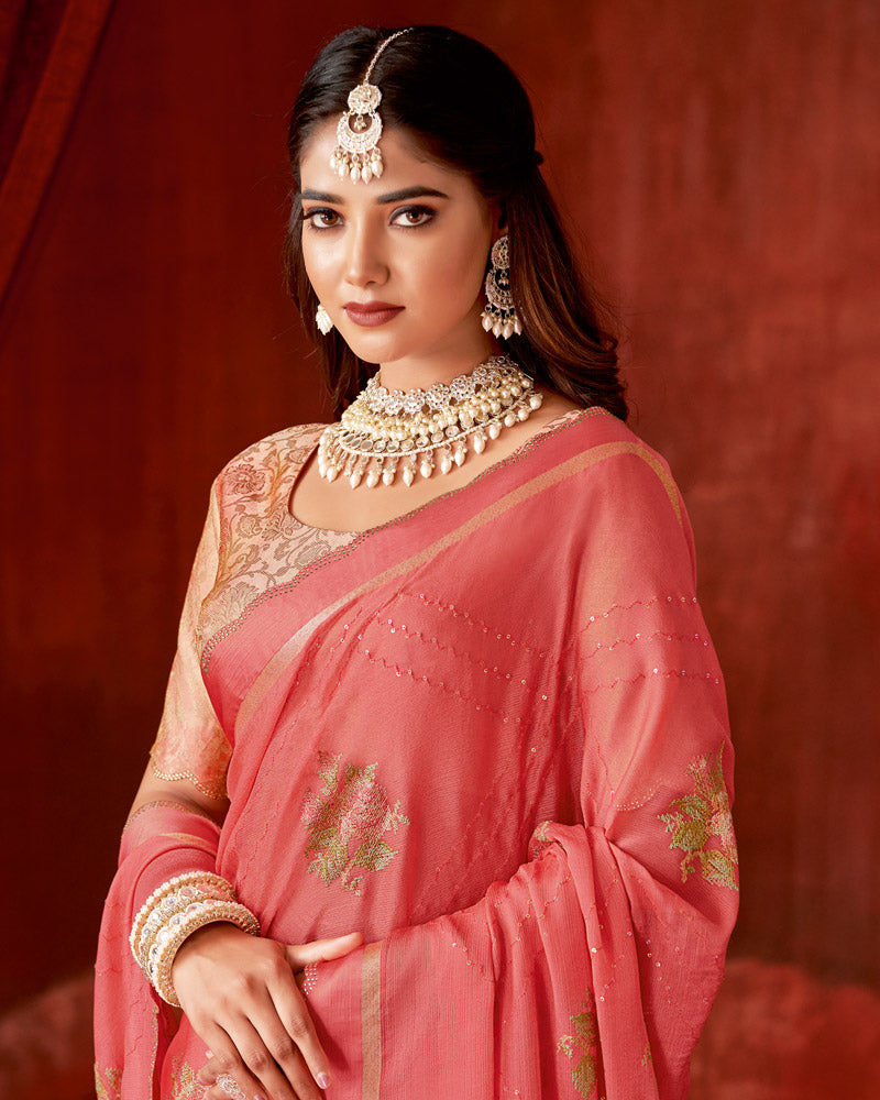 Vishal Prints Reddish Orange Designer Chiffon Saree With Embroidery-Diamond Work And Satin Patta Cut Work Border