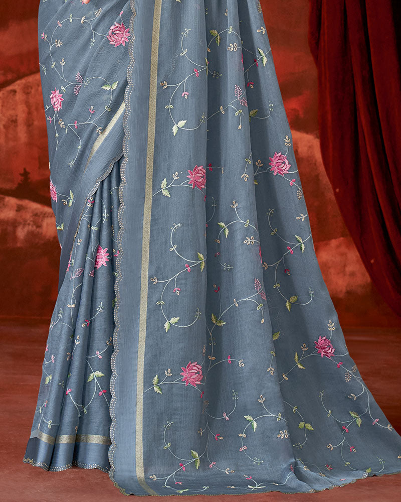 Vishal Prints Slate Grey Designer Chiffon Saree With Embroidery-Diamond Work And Satin Patta Cut Work Border