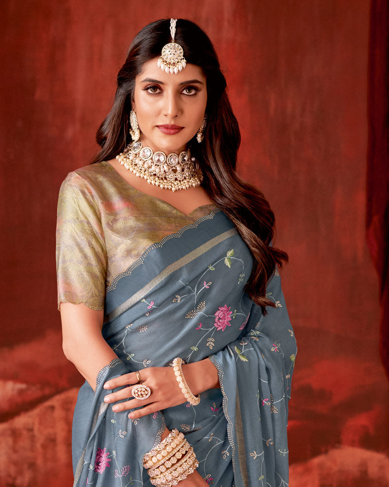 Vishal Prints Slate Grey Designer Chiffon Saree With Embroidery-Diamond Work And Satin Patta Cut Work Border