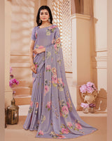 Vishal Prints Lavender Purple Digital Printed Brasso Saree With Fancy Embroidery Piping