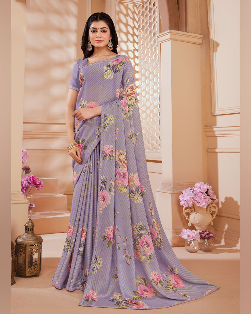 Vishal Prints Lavender Purple Digital Printed Brasso Saree With Fancy Embroidery Piping