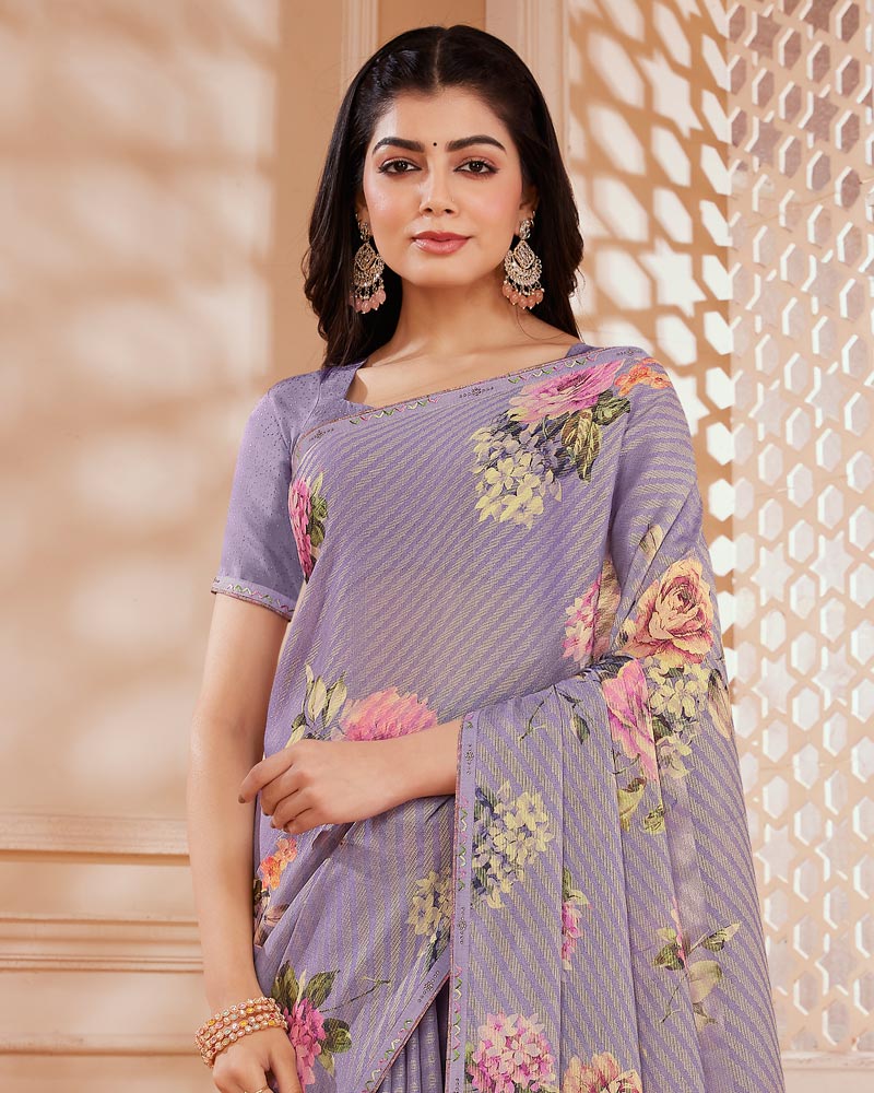 Vishal Prints Lavender Purple Digital Printed Brasso Saree With Fancy Embroidery Piping