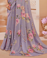 Vishal Prints Lavender Purple Digital Printed Brasso Saree With Fancy Embroidery Piping
