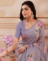 Vishal Prints Lavender Purple Digital Printed Brasso Saree With Fancy Embroidery Piping