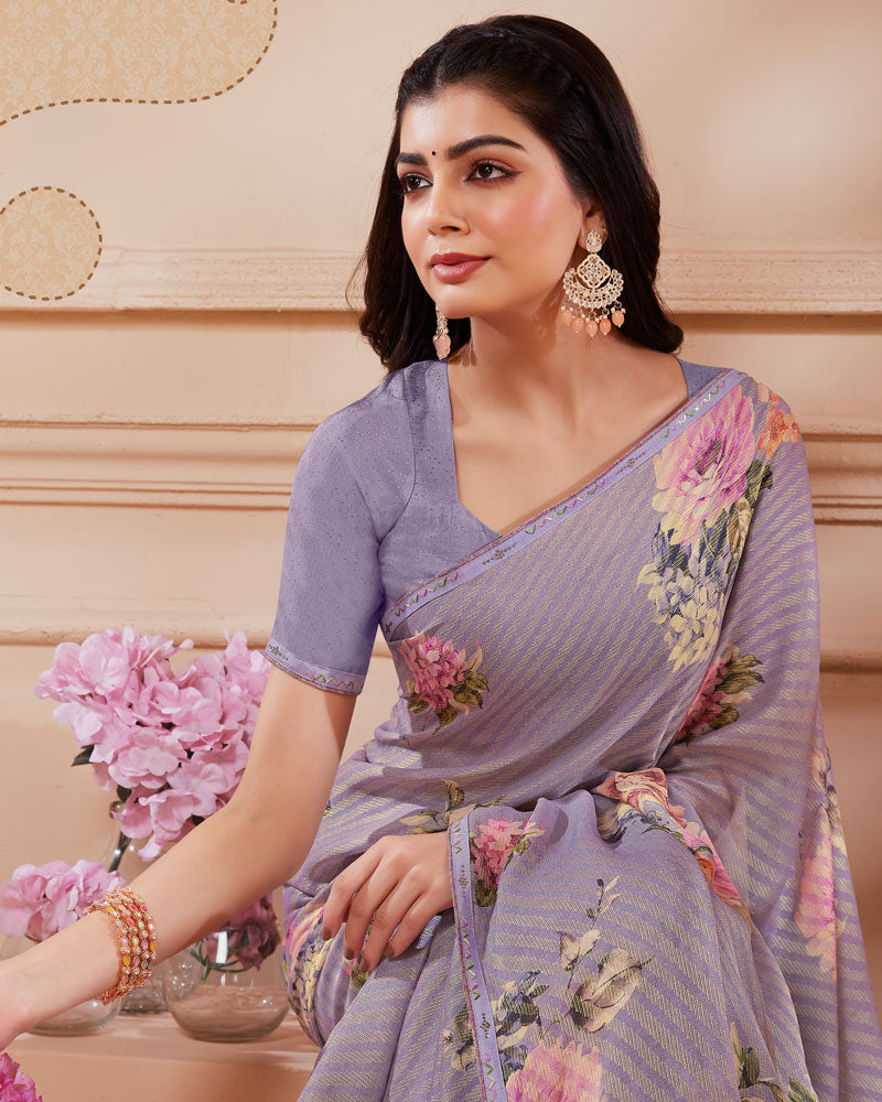 Vishal Prints Lavender Purple Digital Printed Brasso Saree With Fancy Embroidery Piping