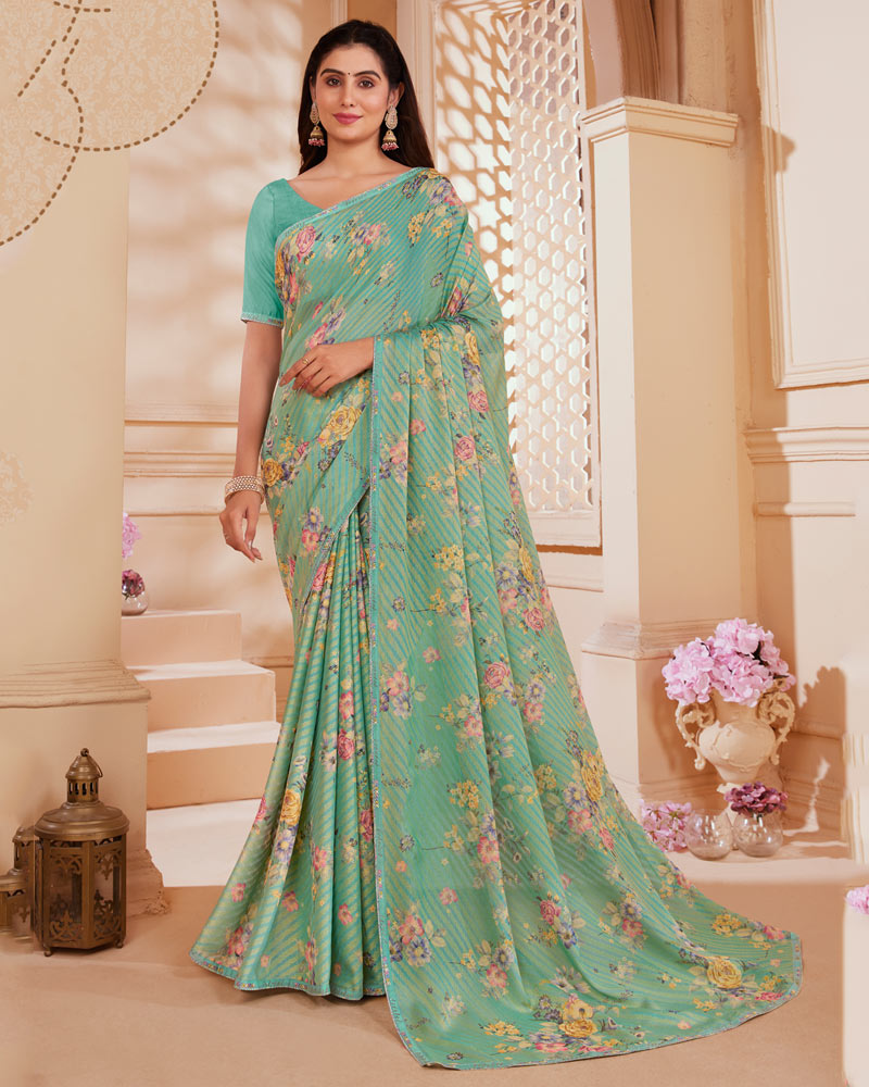 Vishal Prints Mist Green Digital Printed Brasso Saree With Fancy Embroidery Piping