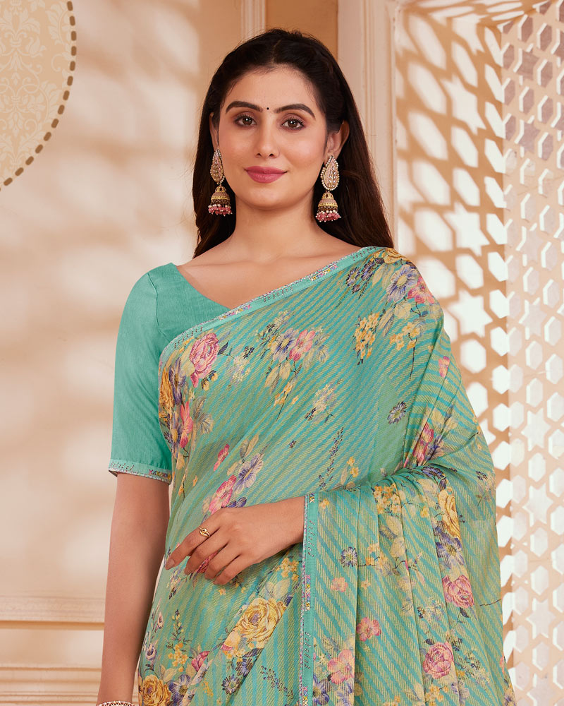 Vishal Prints Mist Green Digital Printed Brasso Saree With Fancy Embroidery Piping