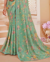 Vishal Prints Mist Green Digital Printed Brasso Saree With Fancy Embroidery Piping