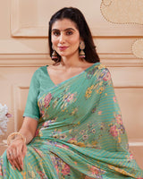 Vishal Prints Mist Green Digital Printed Brasso Saree With Fancy Embroidery Piping