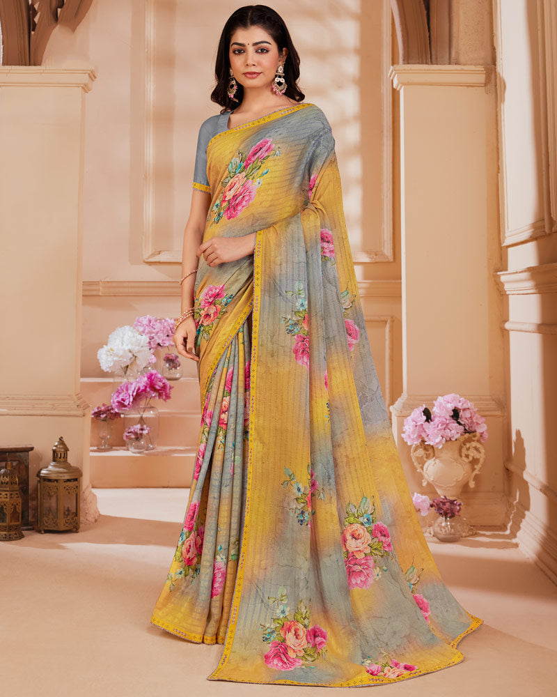 Vishal Prints Light Mustard Digital Printed Brasso Saree With Fancy Embroidery Piping