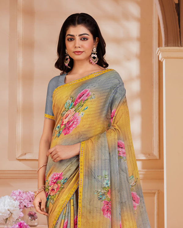 Vishal Prints Light Mustard Digital Printed Brasso Saree With Fancy Embroidery Piping