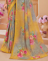 Vishal Prints Light Mustard Digital Printed Brasso Saree With Fancy Embroidery Piping