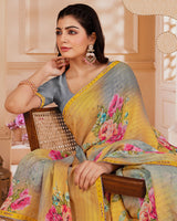 Vishal Prints Light Mustard Digital Printed Brasso Saree With Fancy Embroidery Piping