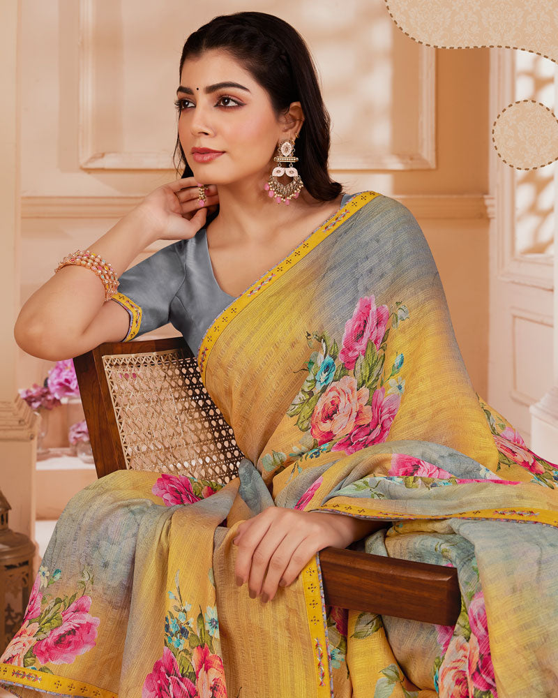 Vishal Prints Light Mustard Digital Printed Brasso Saree With Fancy Embroidery Piping
