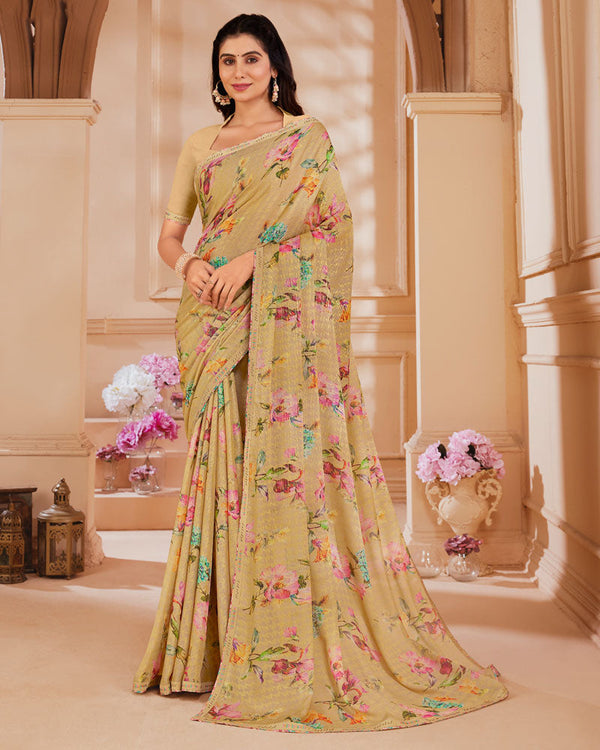 Vishal Prints Fawn Digital Printed Brasso Saree With Fancy Embroidery Piping