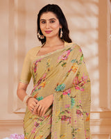 Vishal Prints Fawn Digital Printed Brasso Saree With Fancy Embroidery Piping