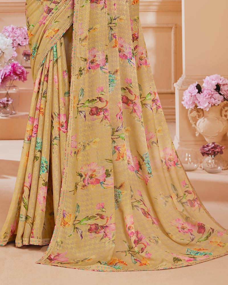 Vishal Prints Fawn Digital Printed Brasso Saree With Fancy Embroidery Piping