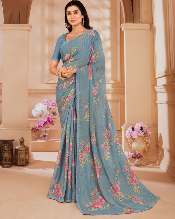 Vishal Prints Pastel Bluish Grey Digital Printed Brasso Saree With Fancy Embroidery Piping