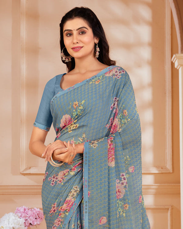 Vishal Prints Pastel Bluish Grey Digital Printed Brasso Saree With Fancy Embroidery Piping