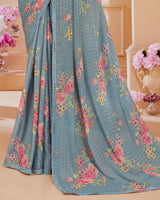 Vishal Prints Pastel Bluish Grey Digital Printed Brasso Saree With Fancy Embroidery Piping