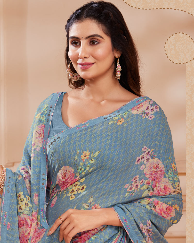 Vishal Prints Pastel Bluish Grey Digital Printed Brasso Saree With Fancy Embroidery Piping