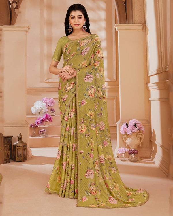 Vishal Prints Dark Sand Digital Printed Brasso Saree With Fancy Embroidery Piping