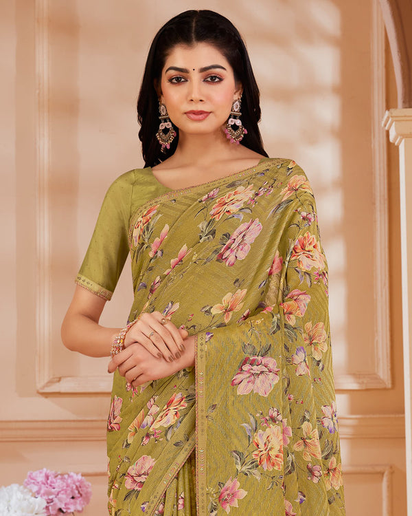 Vishal Prints Dark Sand Digital Printed Brasso Saree With Fancy Embroidery Piping
