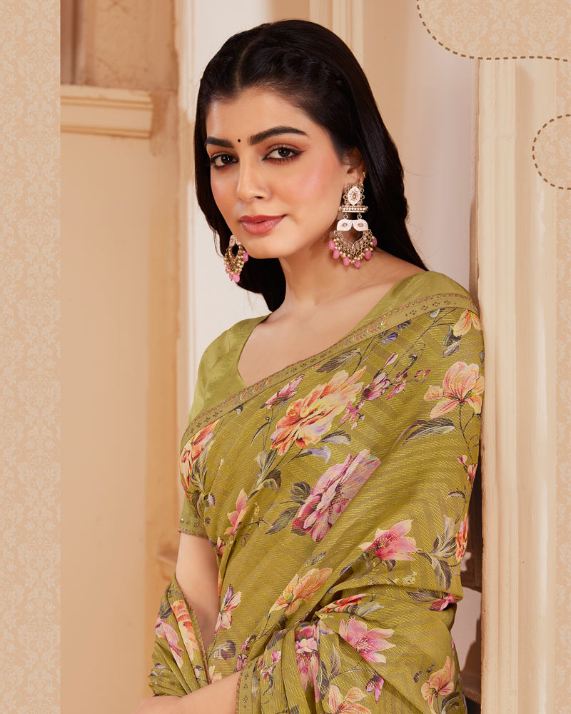 Vishal Prints Dark Sand Digital Printed Brasso Saree With Fancy Embroidery Piping
