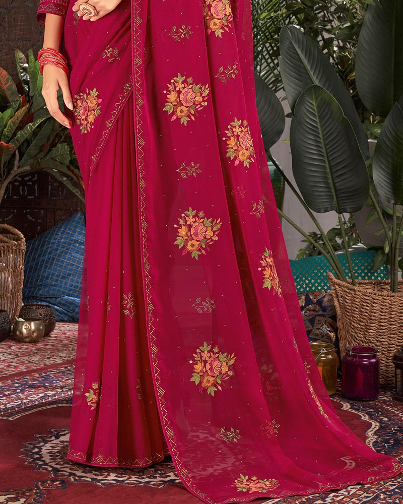 Vishal Prints Burgundy Designer Chiffon Saree With Embroidery And Diamond Work
