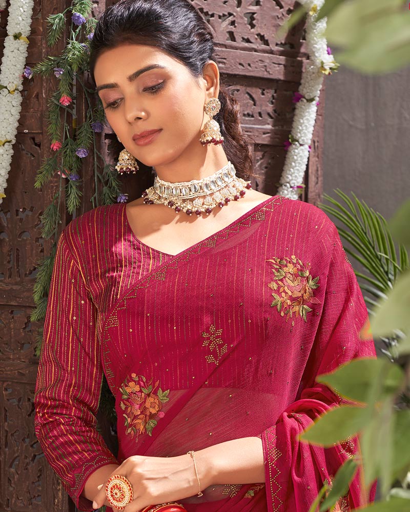 Vishal Prints Burgundy Designer Chiffon Saree With Embroidery And Diamond Work