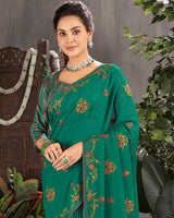 Vishal Prints Deep Sea Green Designer Chiffon Saree With Embroidery And Diamond Work