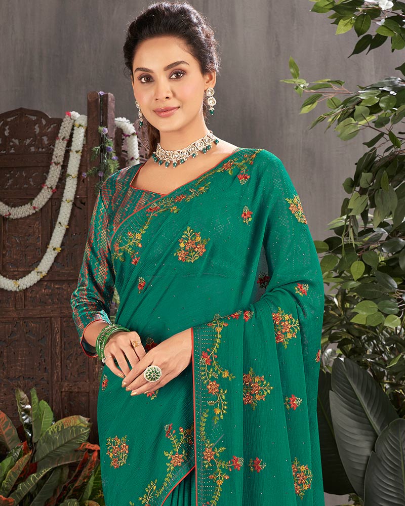 Vishal Prints Deep Sea Green Designer Chiffon Saree With Embroidery And Diamond Work