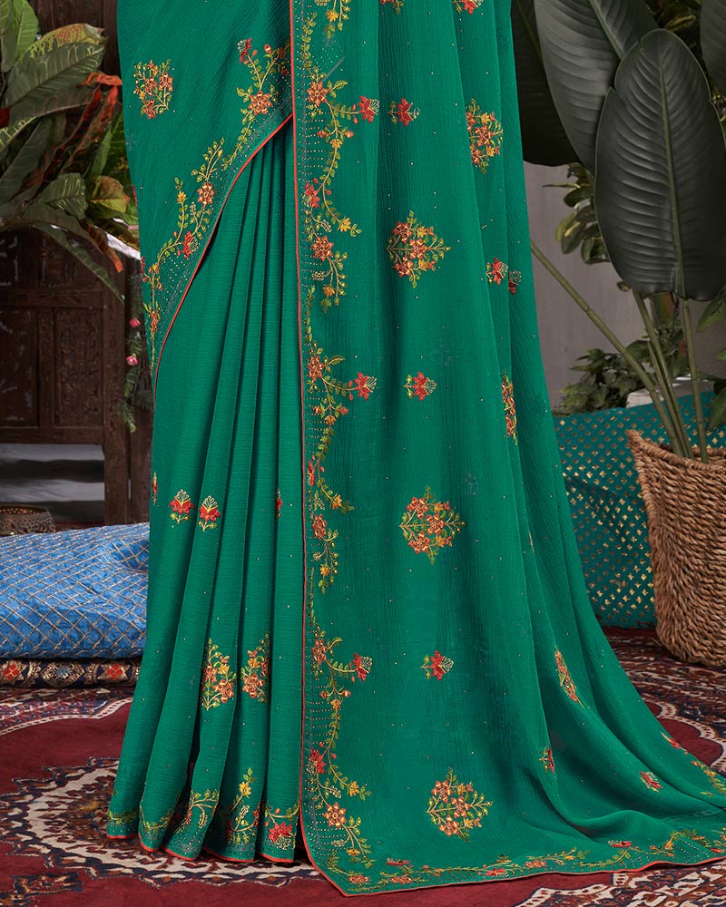 Vishal Prints Deep Sea Green Designer Chiffon Saree With Embroidery And Diamond Work