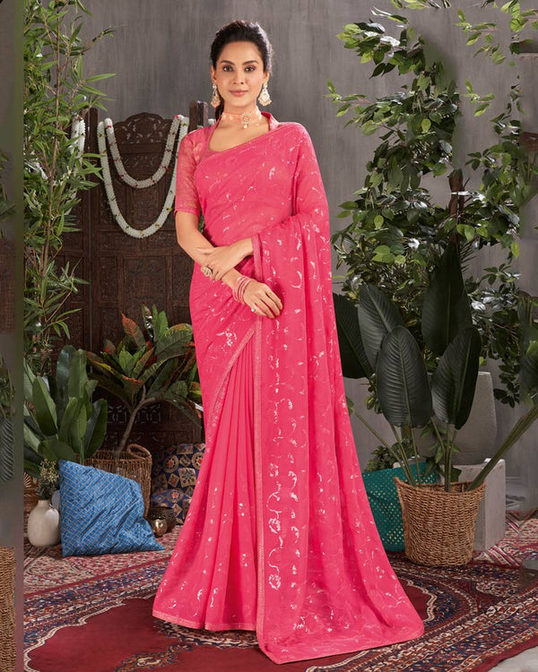 Vishal Prints Red Pink Designer Chiffon Saree With Embroidery And Diamond Work
