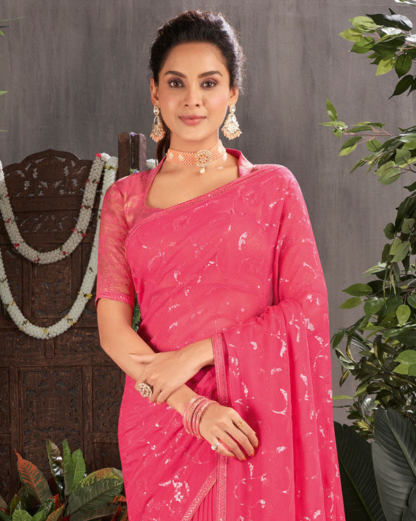 Vishal Prints Red Pink Designer Chiffon Saree With Embroidery And Diamond Work