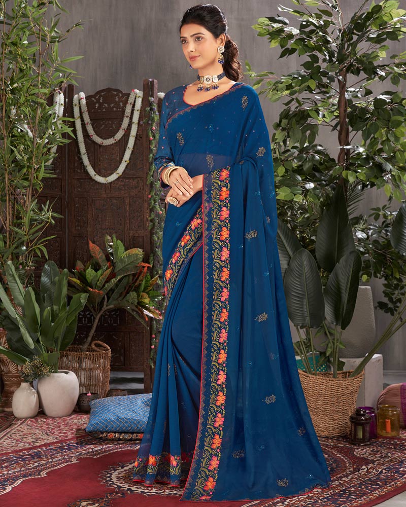 Vishal Prints Ink Blue Designer Chiffon Saree With Embroidery And Diamond Work