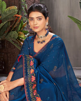 Vishal Prints Ink Blue Designer Chiffon Saree With Embroidery And Diamond Work