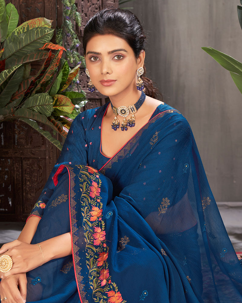 Vishal Prints Ink Blue Designer Chiffon Saree With Embroidery And Diamond Work