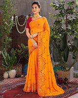Vishal Prints Saffron Color Designer Chiffon Saree With Embroidery And Diamond Work