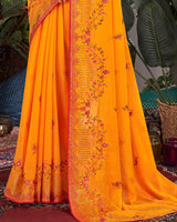 Vishal Prints Saffron Color Designer Chiffon Saree With Embroidery And Diamond Work