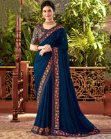 Vishal Prints Navy Blue Designer Chiffon Saree With Embroidery Diamond Work And Core Piping