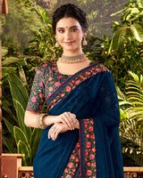 Vishal Prints Navy Blue Designer Chiffon Saree With Embroidery Diamond Work And Core Piping