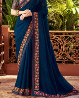 Vishal Prints Navy Blue Designer Chiffon Saree With Embroidery Diamond Work And Core Piping