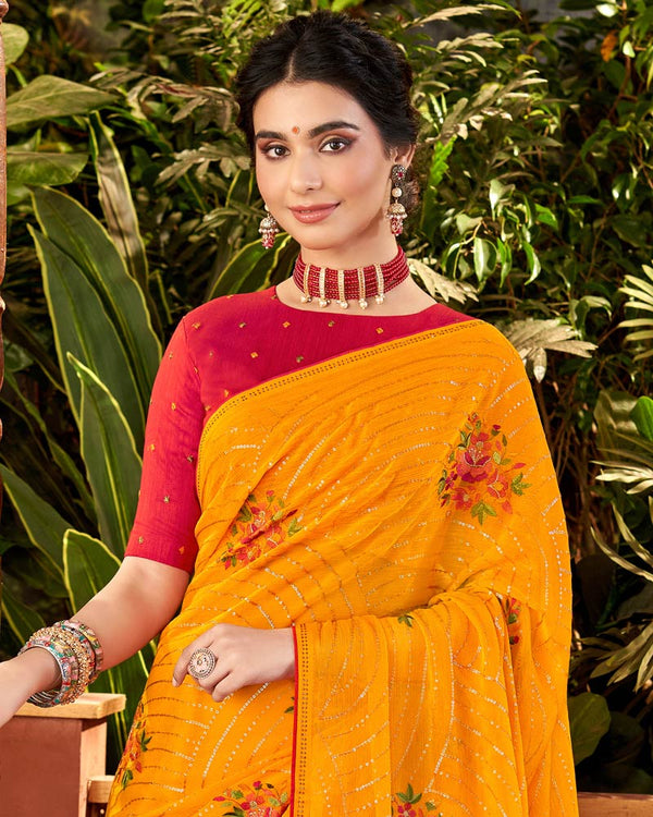 Vishal Prints Yellowish Orange Designer Chiffon Saree With Embroidery Diamond Work And Core Piping